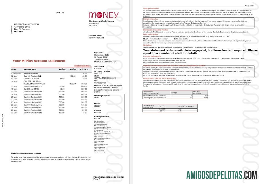 Extrato Virgin Money do Reino Unido, exemplo de 3 páginas